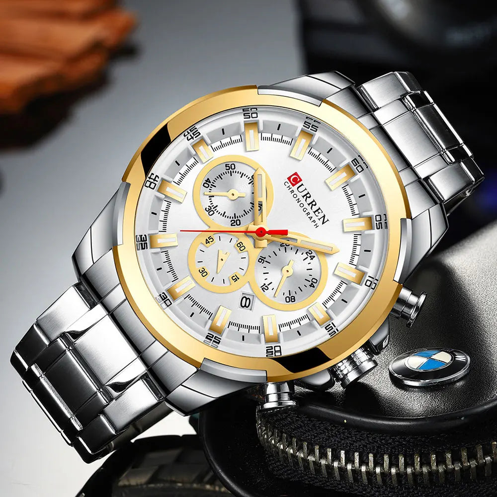 Curren relógios masculinos marca superior grande esporte relógio de luxo militar aço quartzo relógios pulso cronógrafo design ouro relógio masculino