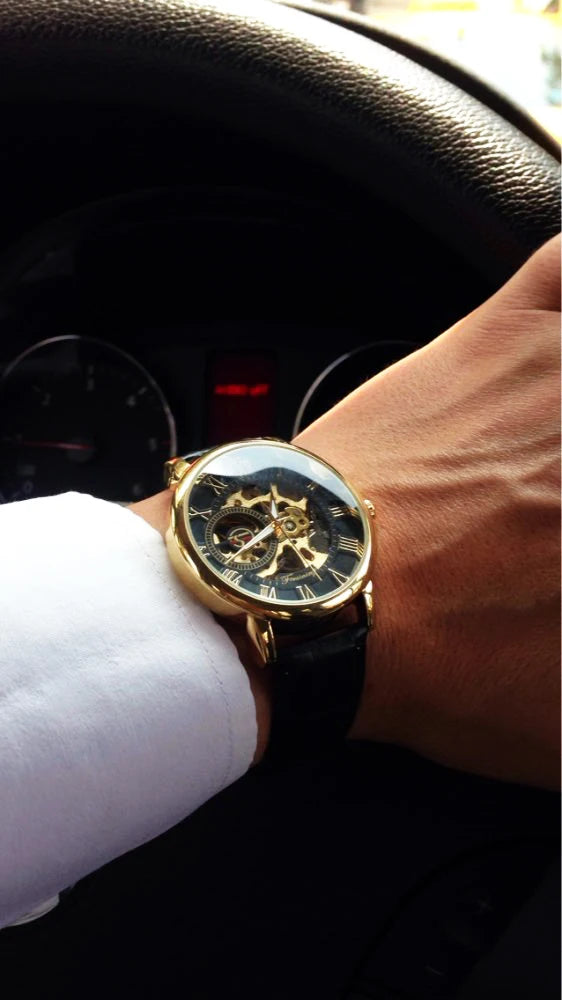 Forsining logotipo 3d design oco gravura preto caso dourado esqueleto de couro relógios mecânicos masculino marca luxo heren horloge