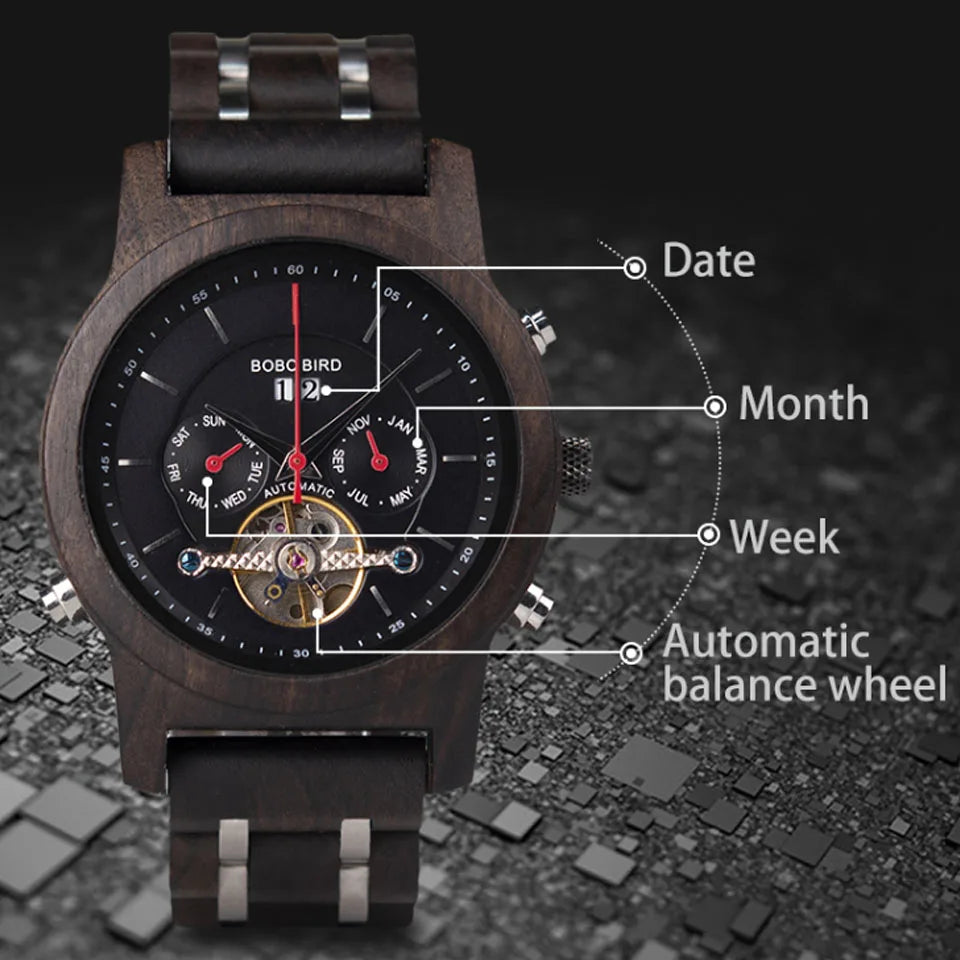 Bobo pássaro relógios mecânicos masculino feminino automático duplo tourbillon relógio de pulso roda balanço metal de madeira relógio relogio