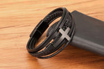 Xqni luxo multicolorido cruz design clássico aço inoxidável pulseira de couro masculino 19/21/23cm escolher bonito presentes de natal
