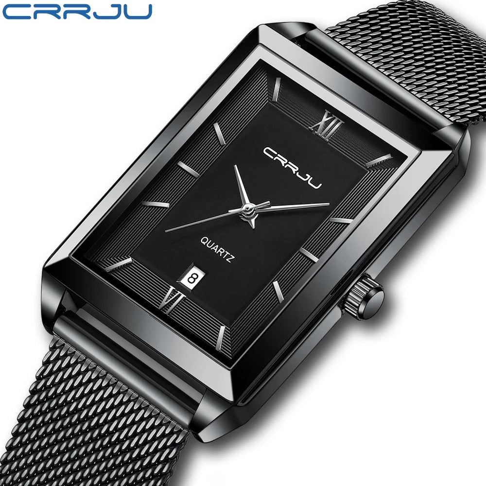 Crrju luxo relógio de ouro masculino quadrado japão quartzo fino malha aço à prova dwaterproof água esportes data automática relógios pulso relogio masculino