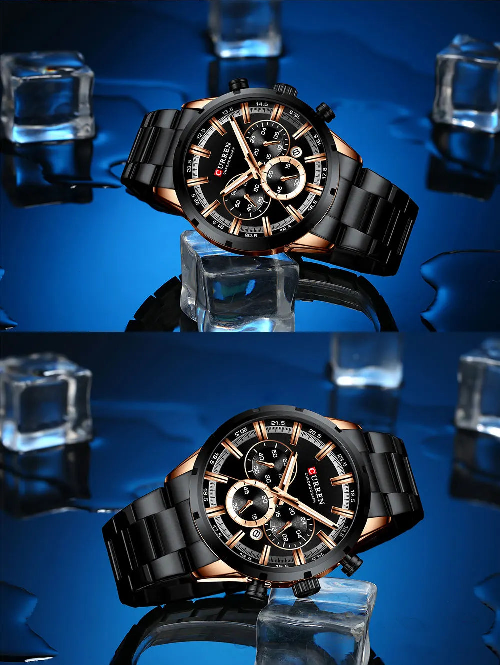 CURREN relógio de pulso masculino, relógio azul de aço inoxidável com pulseira data relógios luxuosos à prova d'água para homens de negócios