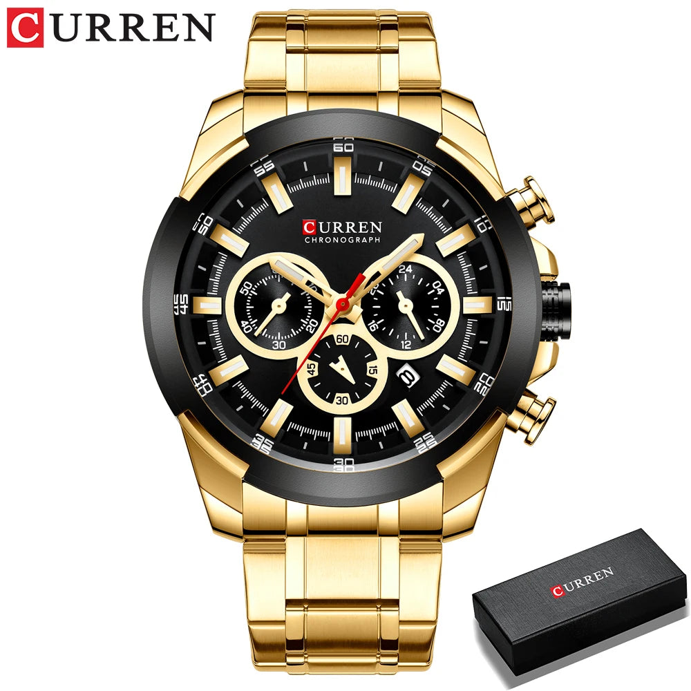Curren relógios masculinos marca superior grande esporte relógio de luxo militar aço quartzo relógios pulso cronógrafo design ouro relógio masculino