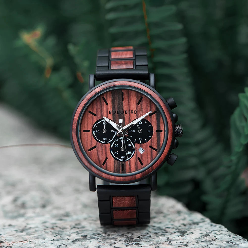 Bobobird relógio masculino de luxo, cronógrafo de quartzo, relógio de pulso personalizado, pulseira de metal e madeira, caixa de presente