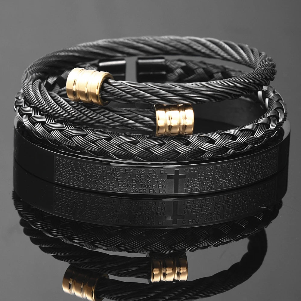 Conjunto de braceletes cruzados em aço inoxidável para homens, escultura em escrituras espanholas, jóias de luxo, Hip Hop, aberto, marca