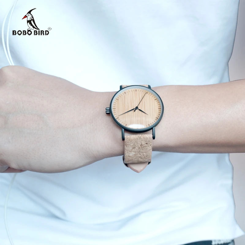 Bobo bird relógios masculinos, relógio de pulso de quartzo de madeira com pulseira de couro genuíno com caixa de papel, relógios masculinos