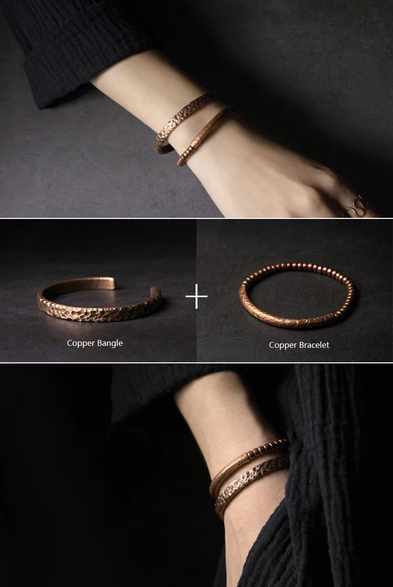 Pulseira de cobre puro martelado artesanal, vintage, artificial, oxidado, estilo rock, metal, unissex, joias para homens e mulheres