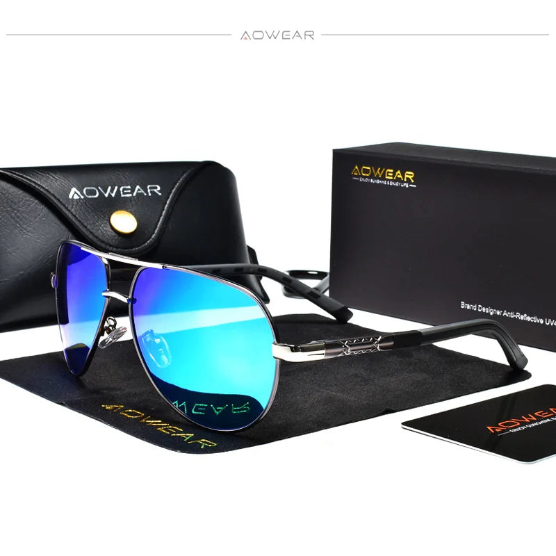 Aowear aviação polarizada óculos de sol dos homens de alumínio espelho de condução óculos de sol masculino marca designer retro acessórios gafas