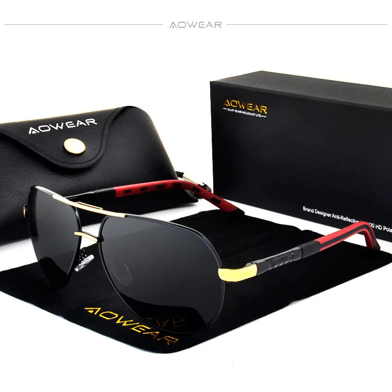 Aowear aviação polarizada óculos de sol dos homens de alumínio espelho de condução óculos de sol masculino marca designer retro acessórios gafas