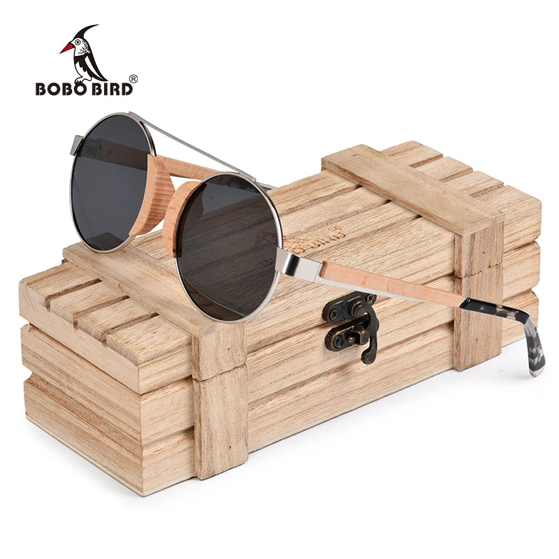 Óculos de sol de madeira bobo bird, óculos de sol infantis, armação de aço inoxidável com caixa de presente de bambu oem