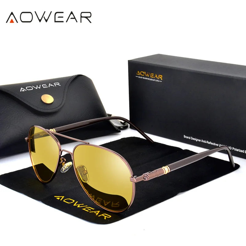 Aowear hd óculos de visão noturna homem polarizado amarelo noite condução aviação óculos de sol marca designer motorista carro óculos