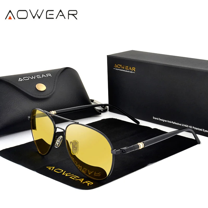 Aowear hd óculos de visão noturna homem polarizado amarelo noite condução aviação óculos de sol marca designer motorista carro óculos