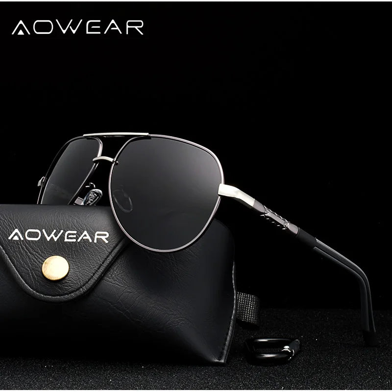 Aowear aviação polarizada óculos de sol dos homens de alumínio espelho de condução óculos de sol masculino marca designer retro acessórios gafas
