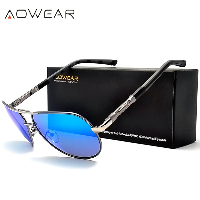Aowear aviação polarizada óculos de sol dos homens de alumínio espelho de condução óculos de sol masculino marca designer retro acessórios gafas