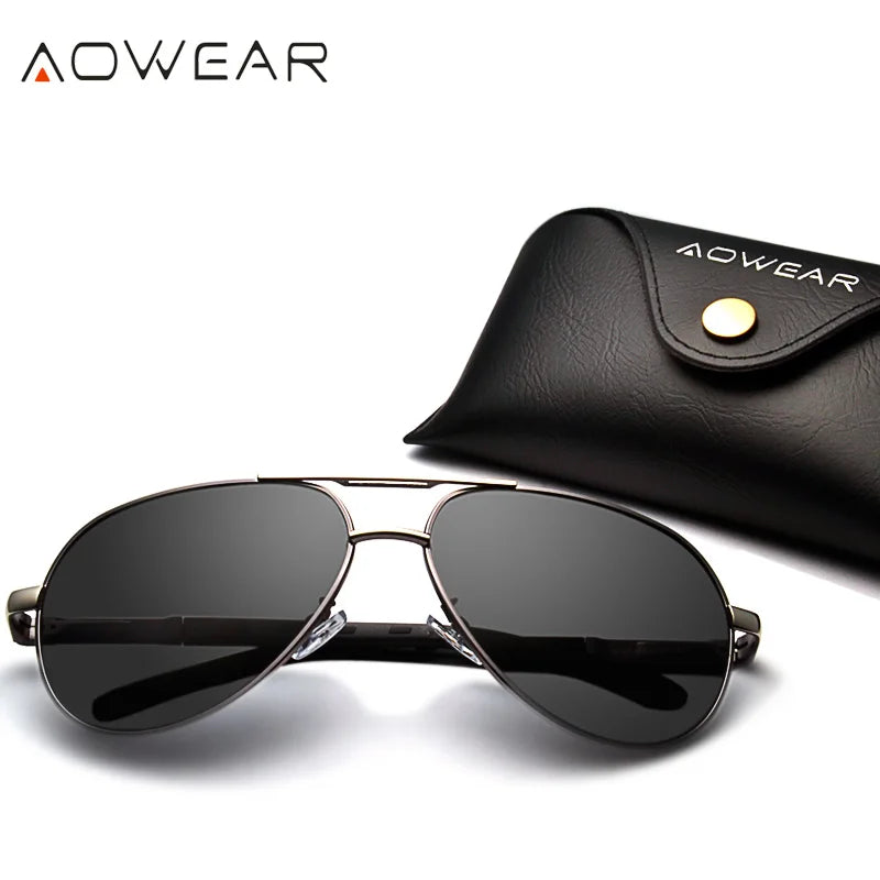 Aowear aviação polarizada óculos de sol dos homens de alumínio espelho de condução óculos de sol masculino marca designer retro acessórios gafas
