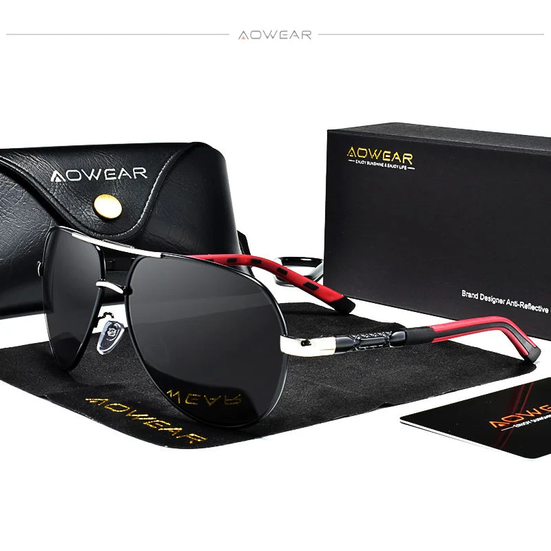 Aowear aviação polarizada óculos de sol dos homens de alumínio espelho de condução óculos de sol masculino marca designer retro acessórios gafas