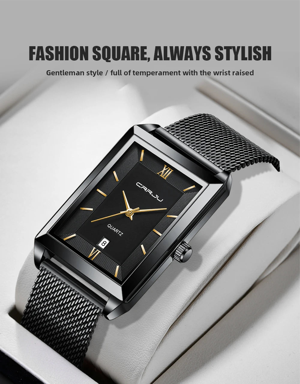 Crrju luxo relógio de ouro masculino quadrado japão quartzo fino malha aço à prova dwaterproof água esportes data automática relógios pulso relogio masculino