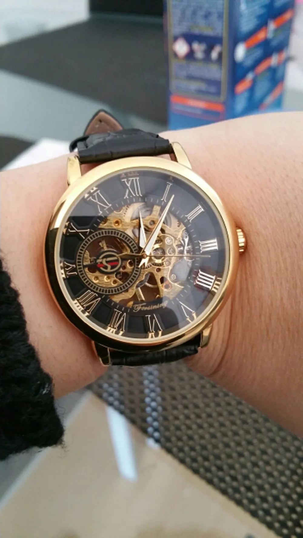 Forsining logotipo 3d design oco gravura preto caso dourado esqueleto de couro relógios mecânicos masculino marca luxo heren horloge