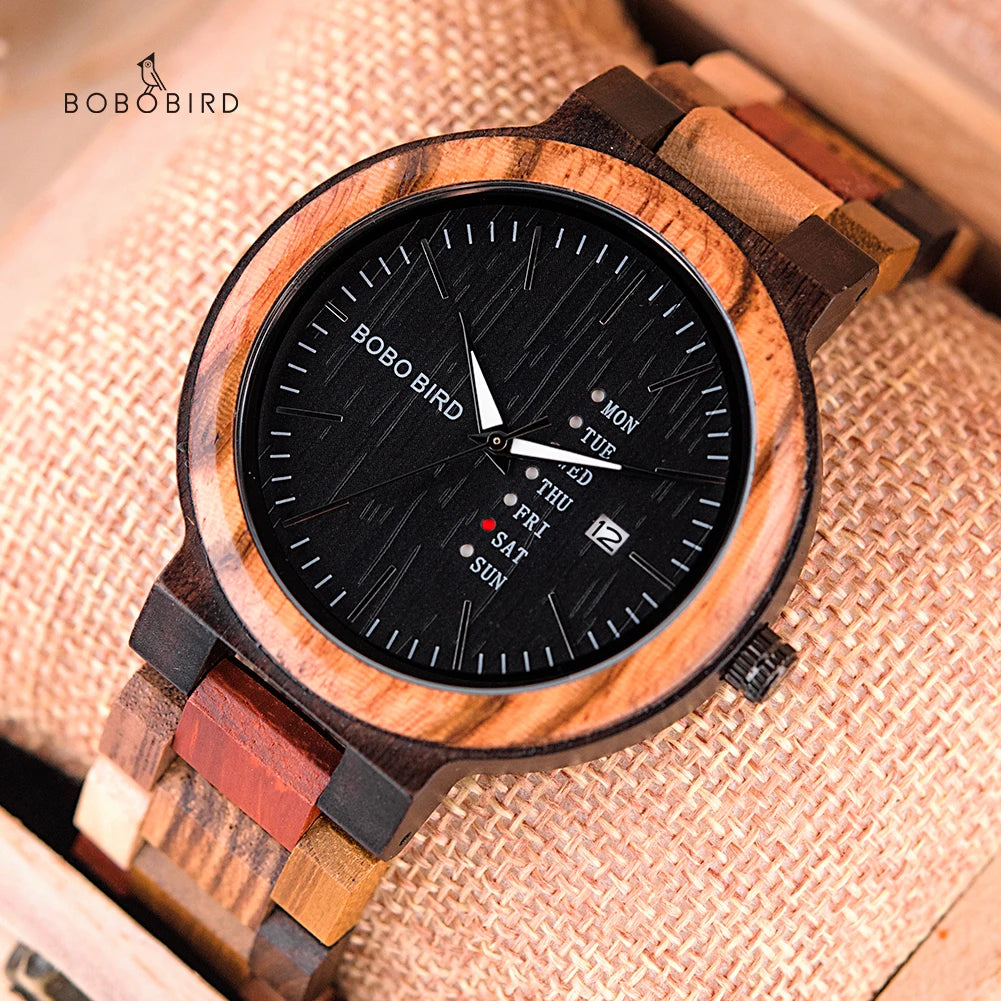 Relógio de pulso zegarek bobo bird para homens e mulheres, relógio de quartzo com pulseira de madeira colorida