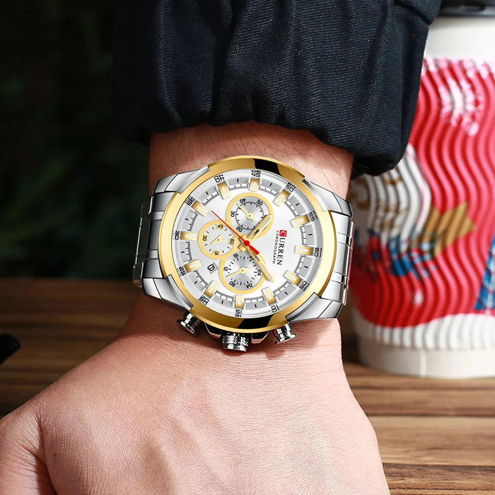 Curren relógios masculinos marca superior grande esporte relógio de luxo militar aço quartzo relógios pulso cronógrafo design ouro relógio masculino