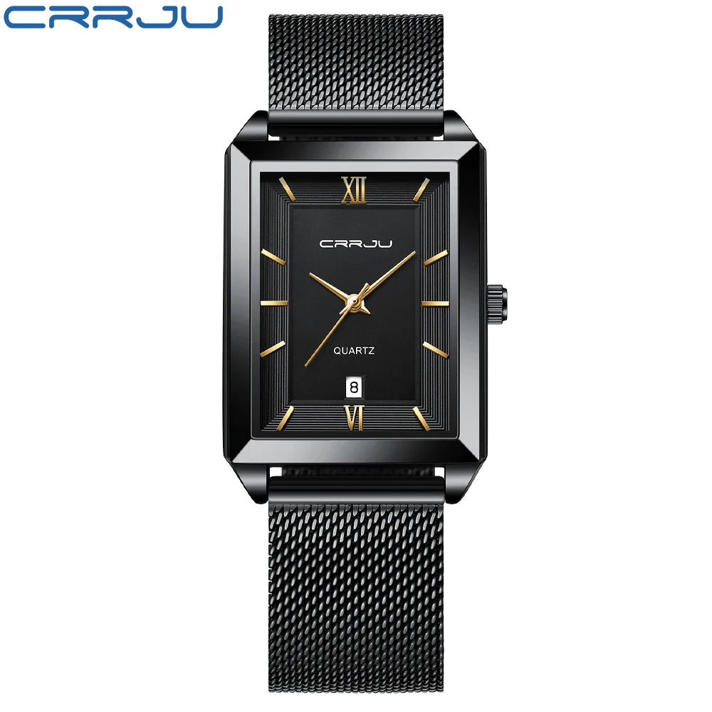 Crrju luxo relógio de ouro masculino quadrado japão quartzo fino malha aço à prova dwaterproof água esportes data automática relógios pulso relogio masculino