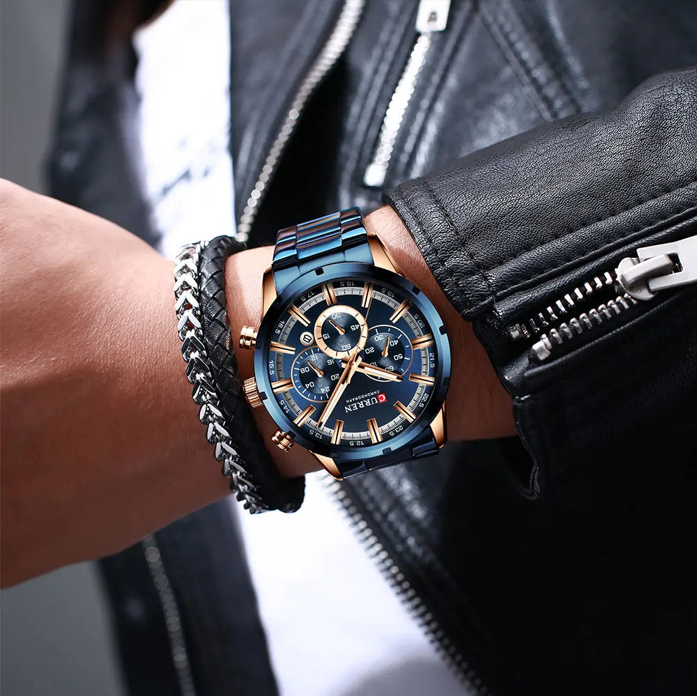 CURREN relógio de pulso masculino, relógio azul de aço inoxidável com pulseira data relógios luxuosos à prova d'água para homens de negócios