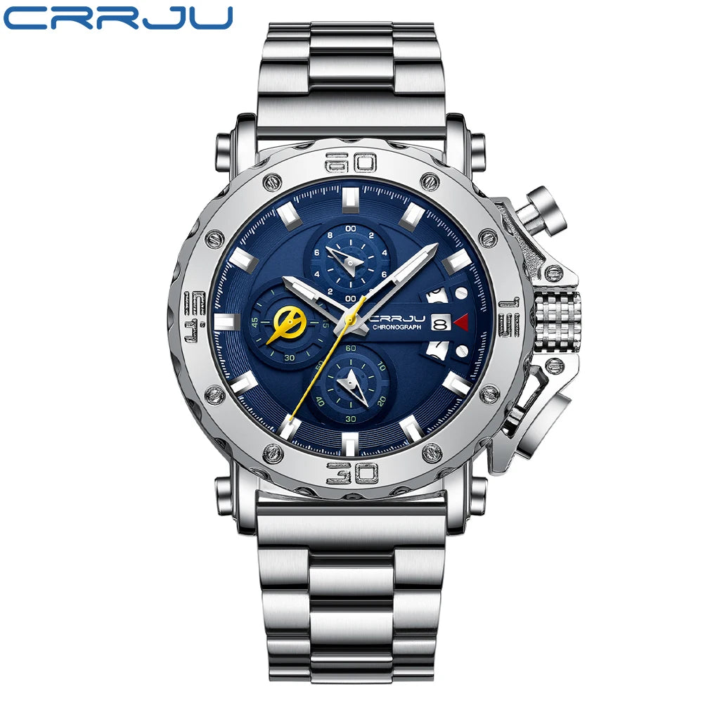 Relogio masculino crrju esporte cronógrafo relógios masculinos marca superior de luxo aço completo relógio quartzo à prova dwaterproof água grande dial relógio masculino