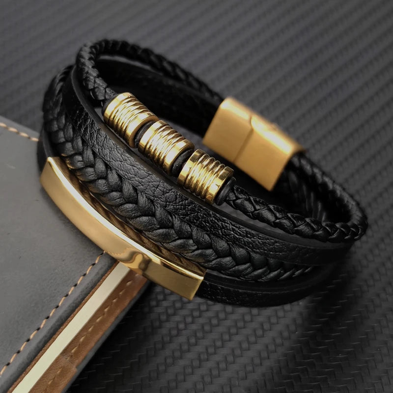 Grânulos de aço inoxidável luxo charme masculino pulseira fecho magnético trançado mutilayer couro embrulho punk pulseiras homem jóias presente