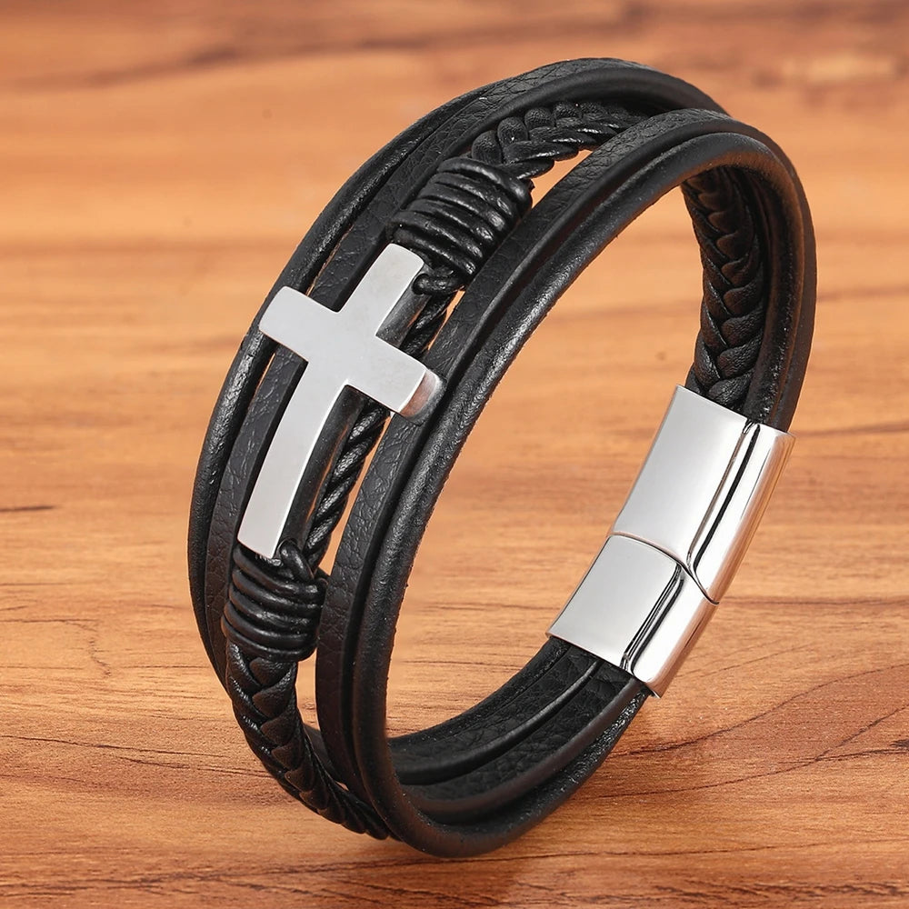 Xqni luxo multicolorido cruz design clássico aço inoxidável pulseira de couro masculino 19/21/23cm escolher bonito presentes de natal