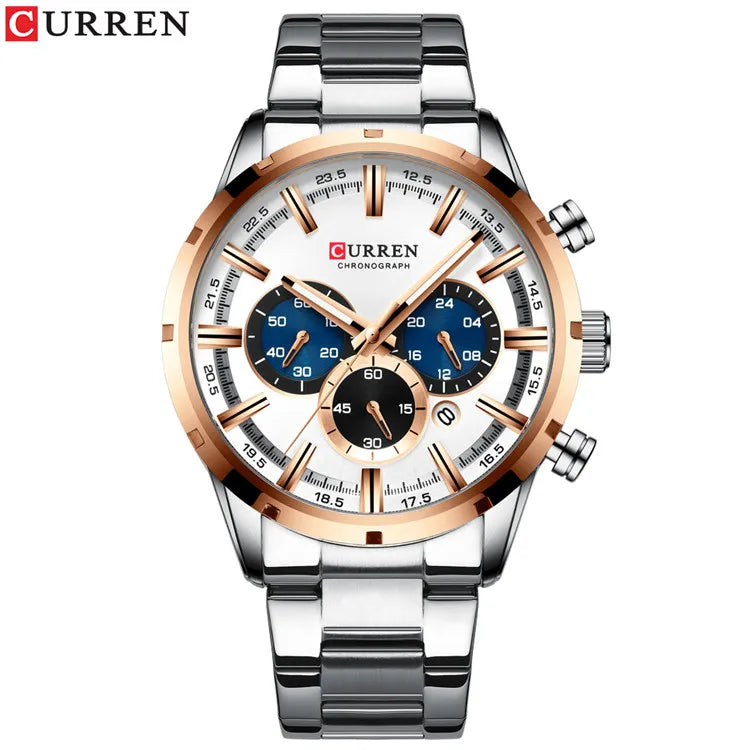 CURREN relógio de pulso masculino, relógio azul de aço inoxidável com pulseira data relógios luxuosos à prova d'água para homens de negócios
