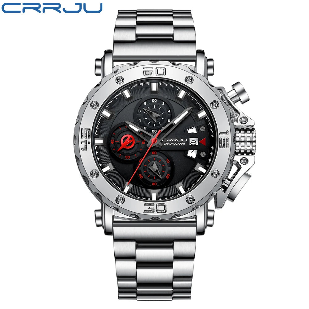 Relogio masculino crrju esporte cronógrafo relógios masculinos marca superior de luxo aço completo relógio quartzo à prova dwaterproof água grande dial relógio masculino