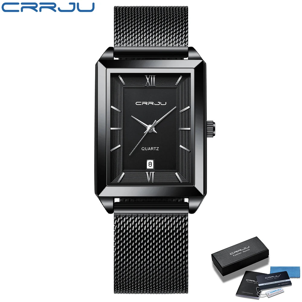 Crrju luxo relógio de ouro masculino quadrado japão quartzo fino malha aço à prova dwaterproof água esportes data automática relógios pulso relogio masculino