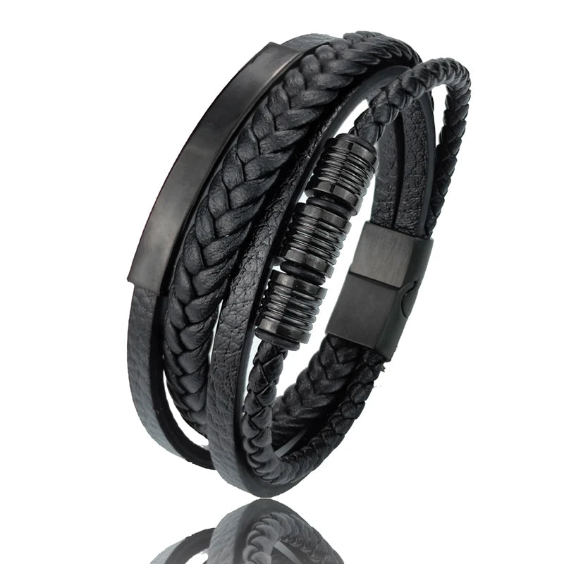Grânulos de aço inoxidável luxo charme masculino pulseira fecho magnético trançado mutilayer couro embrulho punk pulseiras homem jóias presente