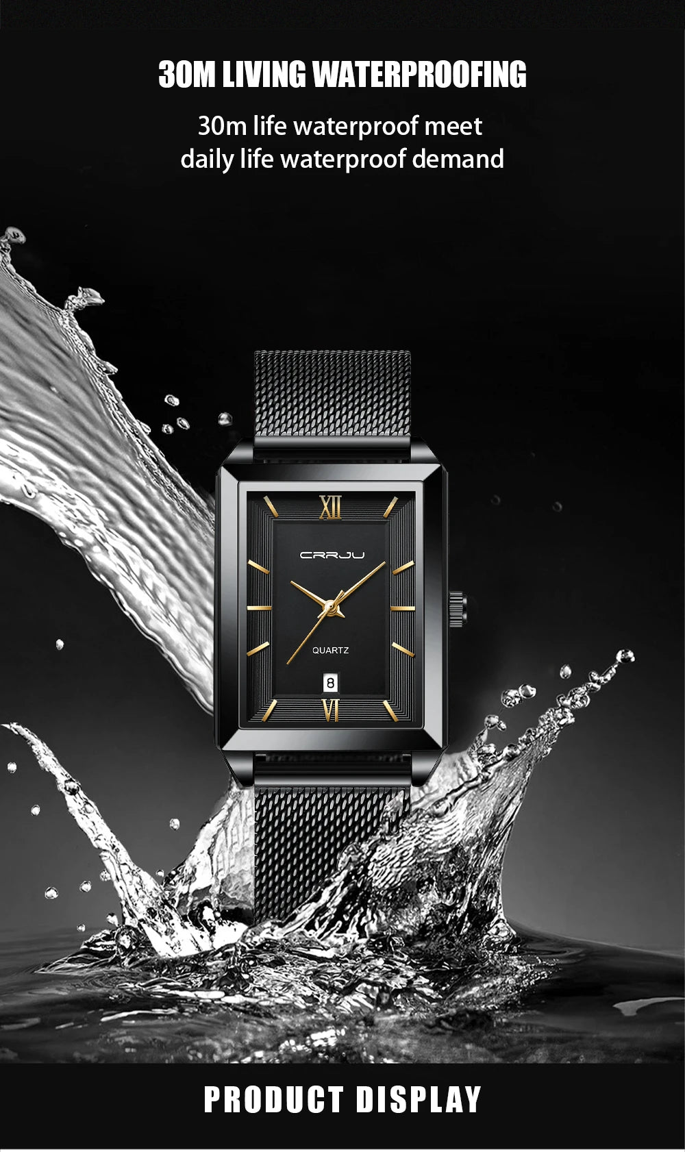 Crrju luxo relógio de ouro masculino quadrado japão quartzo fino malha aço à prova dwaterproof água esportes data automática relógios pulso relogio masculino