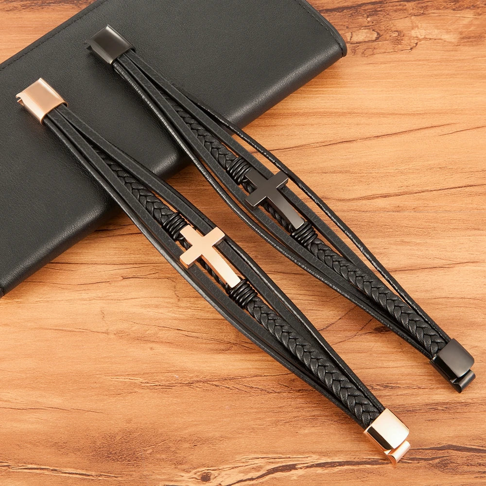 Xqni luxo multicolorido cruz design clássico aço inoxidável pulseira de couro masculino 19/21/23cm escolher bonito presentes de natal