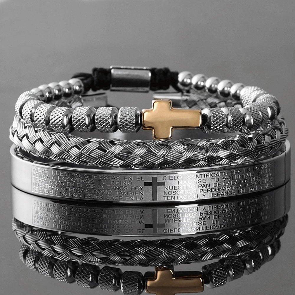 Conjunto de braceletes cruzados em aço inoxidável para homens, escultura em escrituras espanholas, jóias de luxo, Hip Hop, aberto, marca