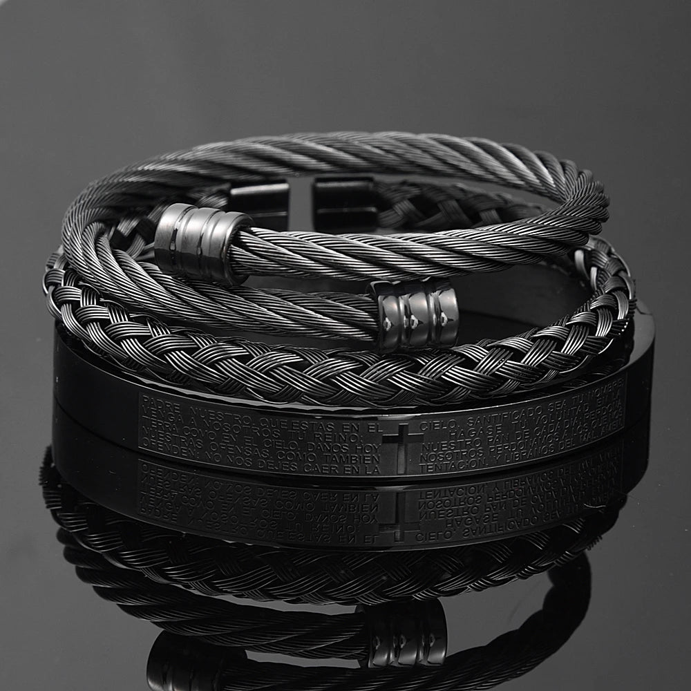 Conjunto de braceletes cruzados em aço inoxidável para homens, escultura em escrituras espanholas, jóias de luxo, Hip Hop, aberto, marca