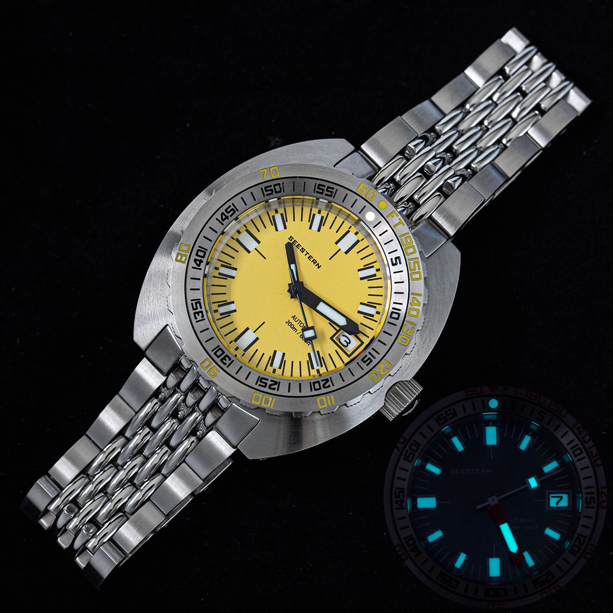Marca superior mergulhador relógio masculino sub300t automático mecânico vidro de safira luminosa data 200m volta pulseira seestern relógio de pulso retro