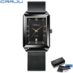 Crrju luxo relógio de ouro masculino quadrado japão quartzo fino malha aço à prova dwaterproof água esportes data automática relógios pulso relogio masculino