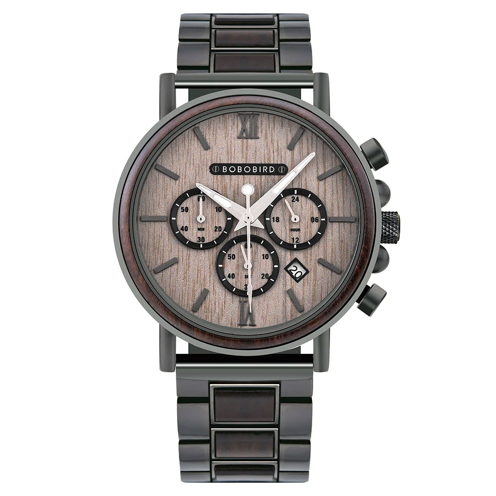 Bobobird relógio masculino de luxo, cronógrafo de quartzo, relógio de pulso personalizado, pulseira de metal e madeira, caixa de presente