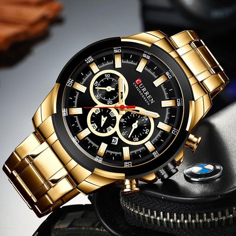 Curren relógios masculinos marca superior grande esporte relógio de luxo militar aço quartzo relógios pulso cronógrafo design ouro relógio masculino