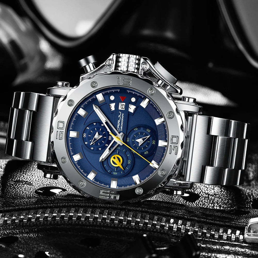 Relogio masculino crrju esporte cronógrafo relógios masculinos marca superior de luxo aço completo relógio quartzo à prova dwaterproof água grande dial relógio masculino