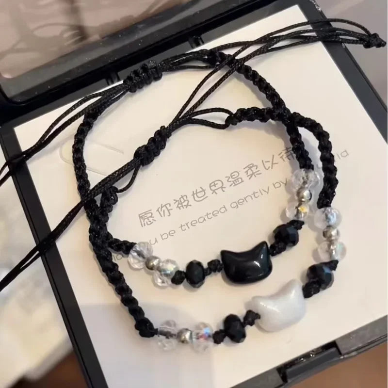 2 pçs natural moonstone obsidiana pulseiras artesanal casal bonito preto branco gato pulseira acessórios jóias