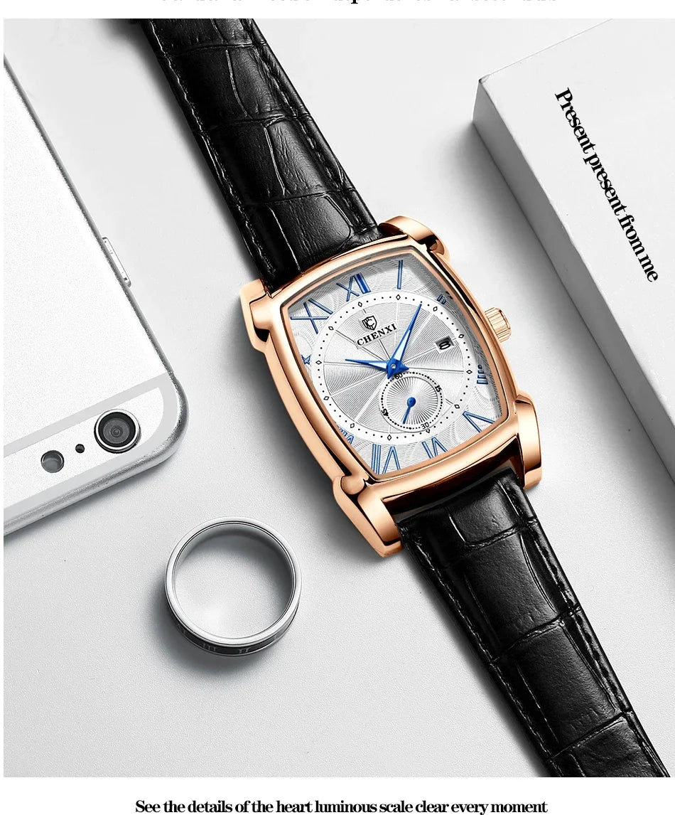 2024 CHENXI 8209 Relógios masculinos pulseira de couro casual luxo quartzo relógios de pulso quadrados à prova d'água