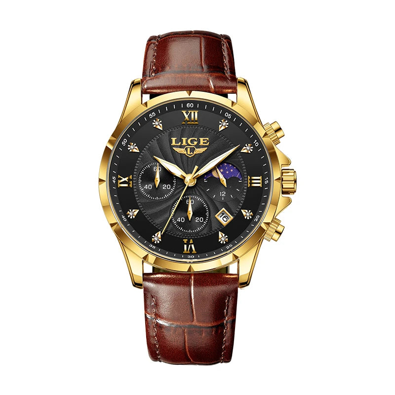 Novos relógios masculinos lige marca superior de luxo couro casual relógio quartzo esporte à prova dwaterproof água relógio relogios masculino + caixa