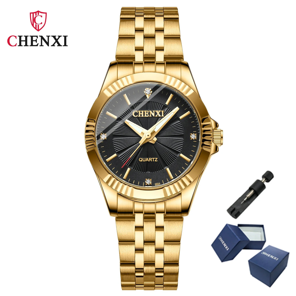 CHENXI-Homens e Mulheres Relógio De Pulso De Quartzo De Aço Inoxidável, Relógios De Negócios Impermeáveis, Relógios De Vestido Dourado Único, Marca De Luxo, 050A