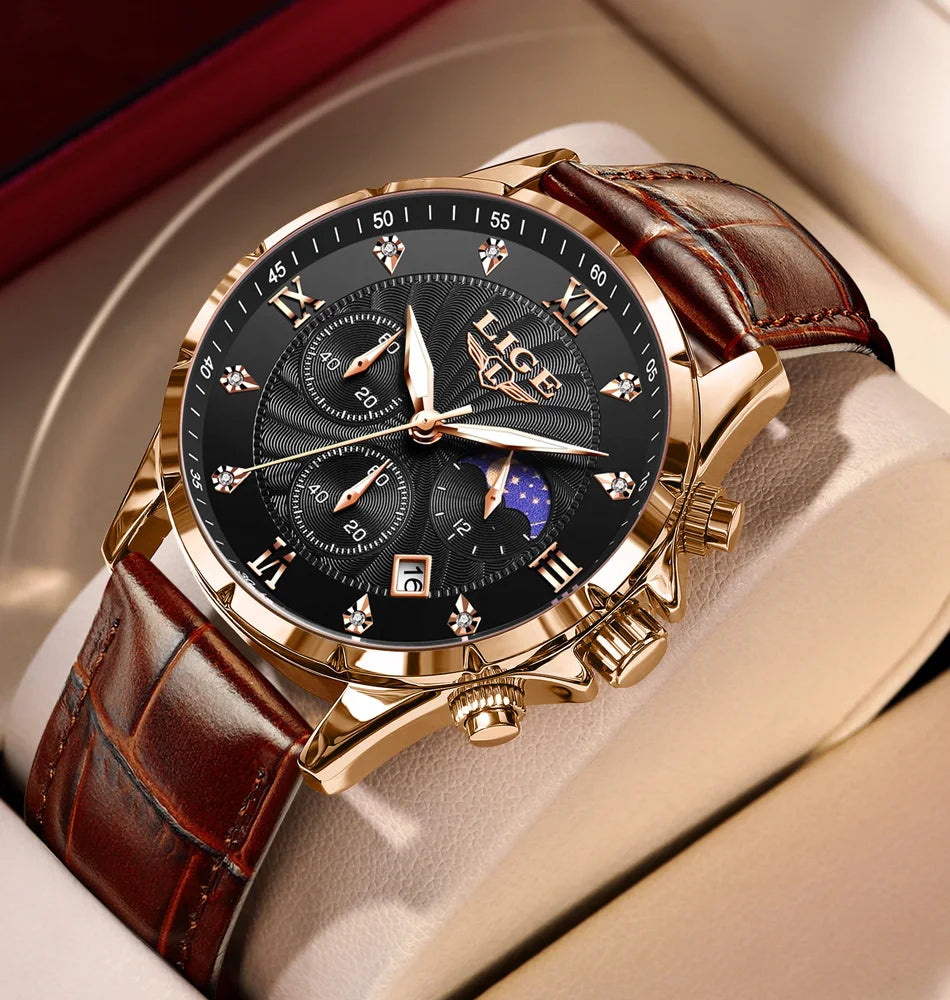 Novos relógios masculinos lige marca superior de luxo couro casual relógio quartzo esporte à prova dwaterproof água relógio relogios masculino + caixa