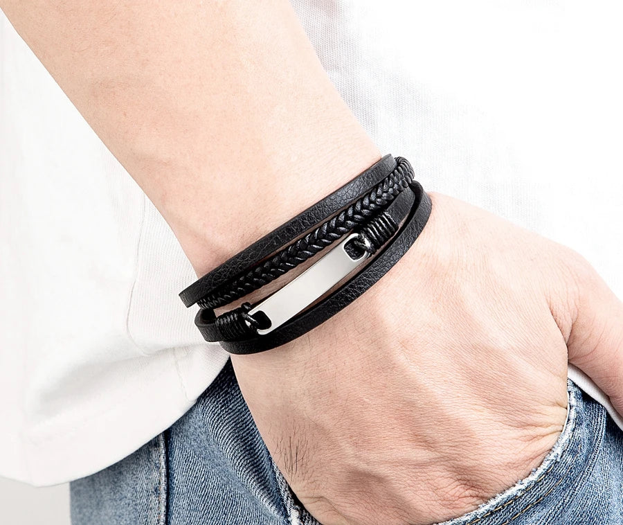 Xqni pulseira de couro trançado multicamadas, masculina, tendência legal, aço inoxidável, fivela casual, acessórios de joias, presente