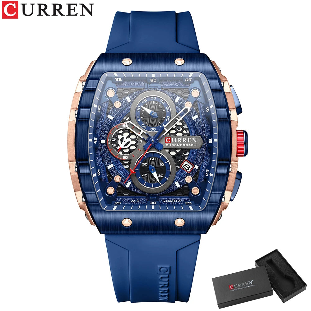 CURREN Esporte Cronógrafo Relógio de Quartzo para Homens Moda Azul Pulseira de Silicone Tonneau Dial Relógio de Pulso com Data 3atm À Prova D 'Água