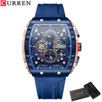 CURREN Esporte Cronógrafo Relógio de Quartzo para Homens Moda Azul Pulseira de Silicone Tonneau Dial Relógio de Pulso com Data 3atm À Prova D 'Água